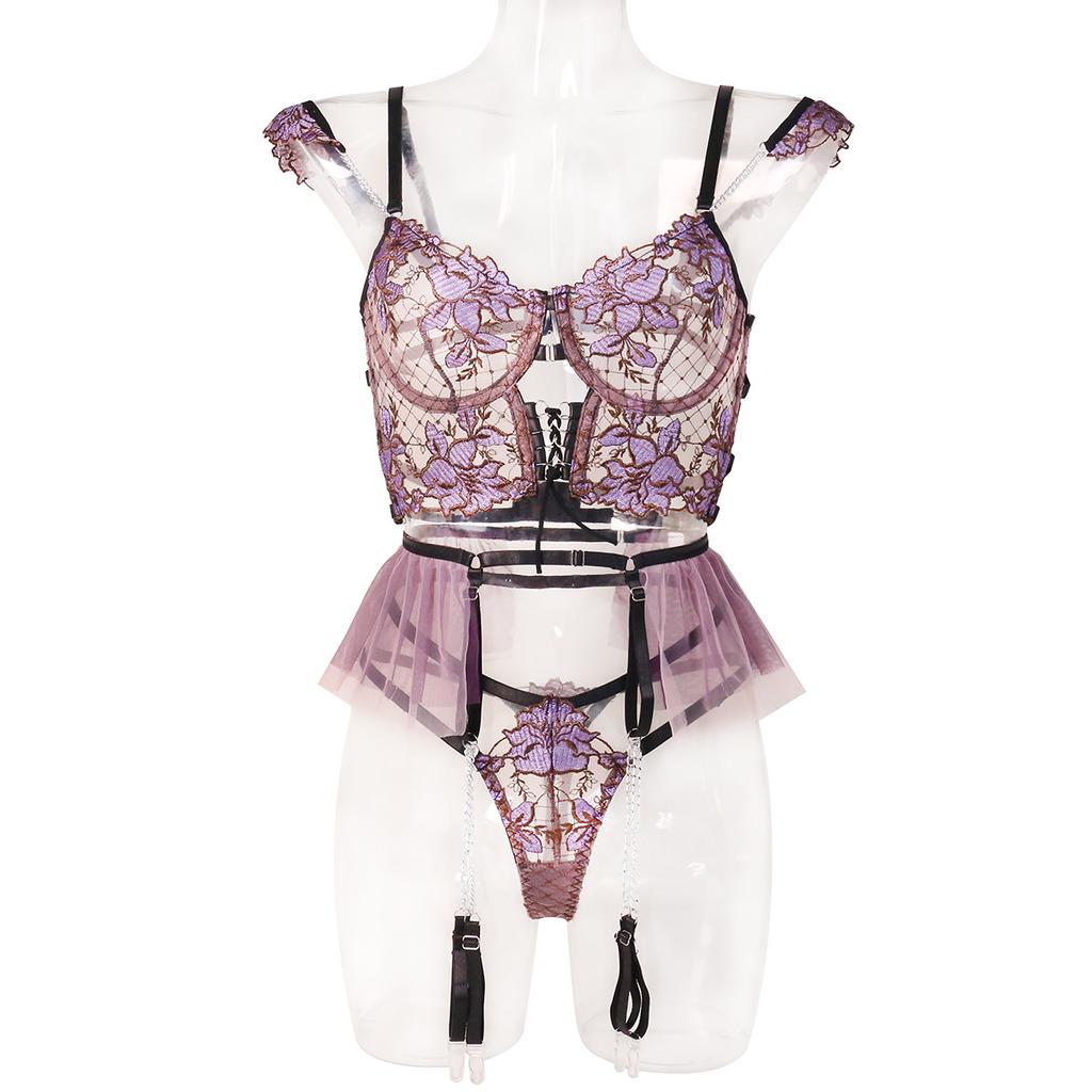 CINOON Women Sexy Lace Erotic Lingerie Europe and America Thin And transparent Bra Set Mesh Embroidery 3-Piece Set Underwear