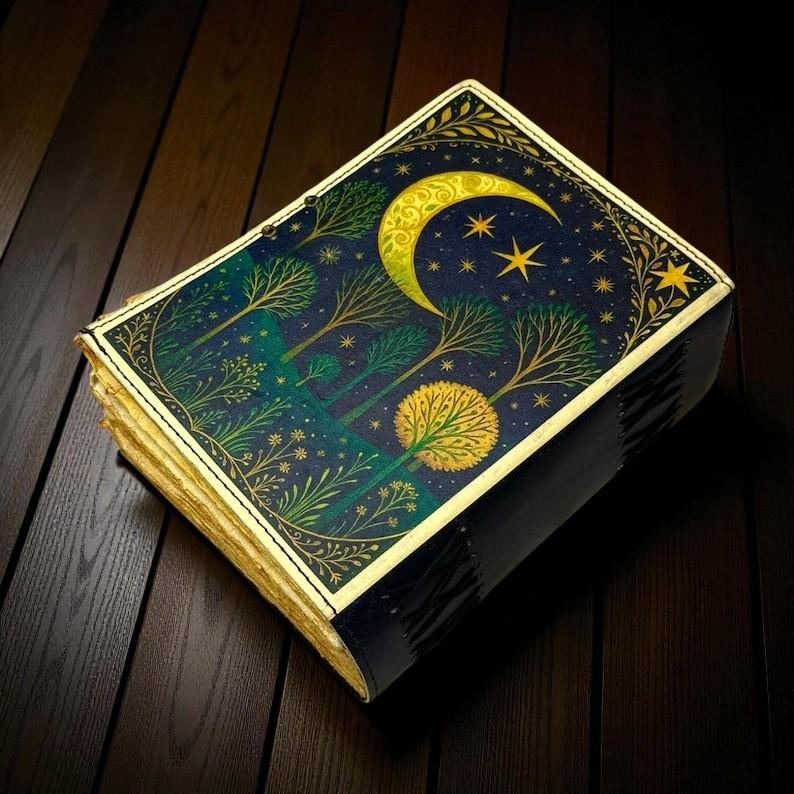 Handmade Leather Moonlight Forest Journal – Mystic Night Sky Design with Deckle Edge Vintage Paper, 5x7” Artisan Notebook 200 Pages