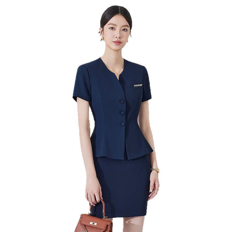 Women's Dark Blue Short-Sleeved Suit Set - Summer Professional Attire for Hotel and Jewelry Store Front Desk.