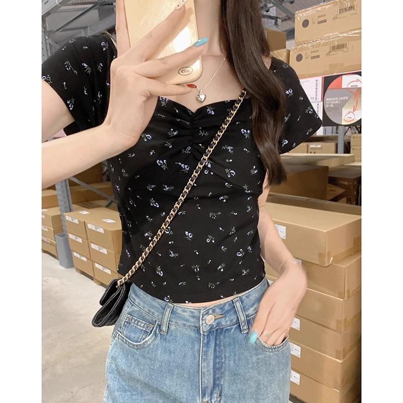 Pure desire to pinch pleated square collar with exposed collarbone short sleeve bm floral short navel T-shirt front shoulder slim-fitting small top