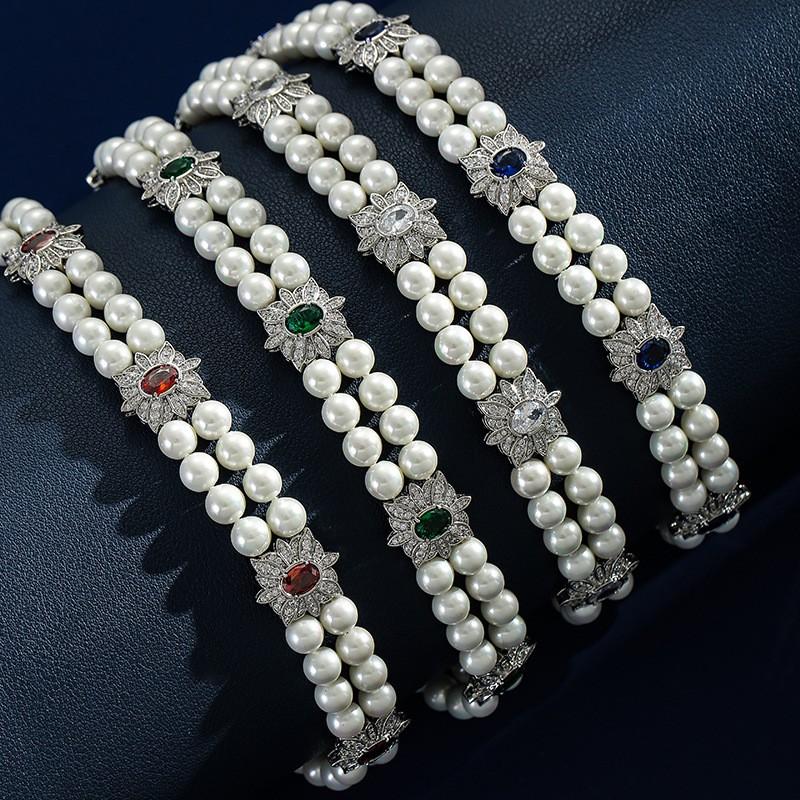 Vintage Double Row Pearl Necklace Women Elegant Floral Geometric Choker With Mother Of Pendant Lightweight Copper Chain