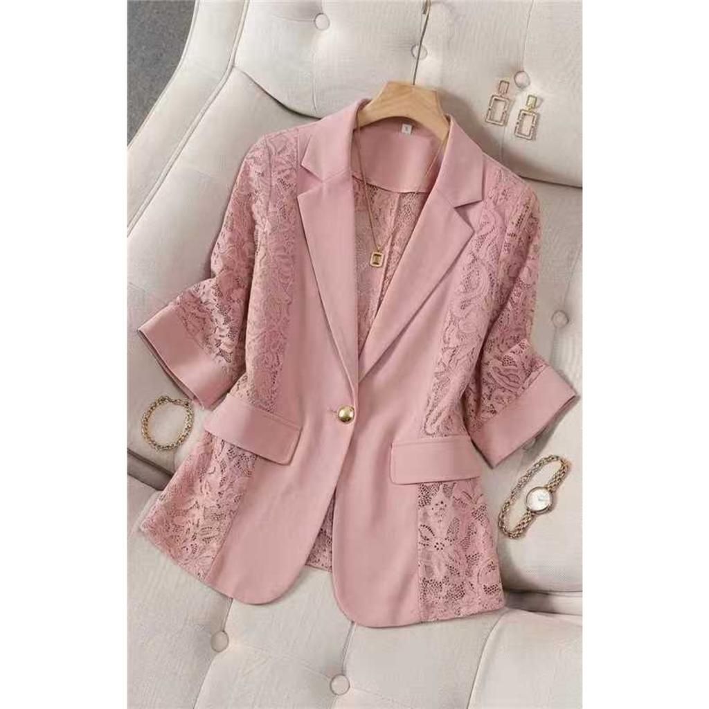 Spring New Women's Elegant Solid Color Fashion Lace Splicing Blazer Coat Casual Outerwear