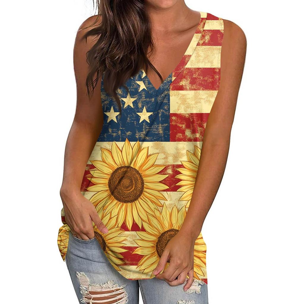 Women's Casual Fashion V-Neck Sleeveless Pullover Top Independence Day Printed Vest T-Shirt