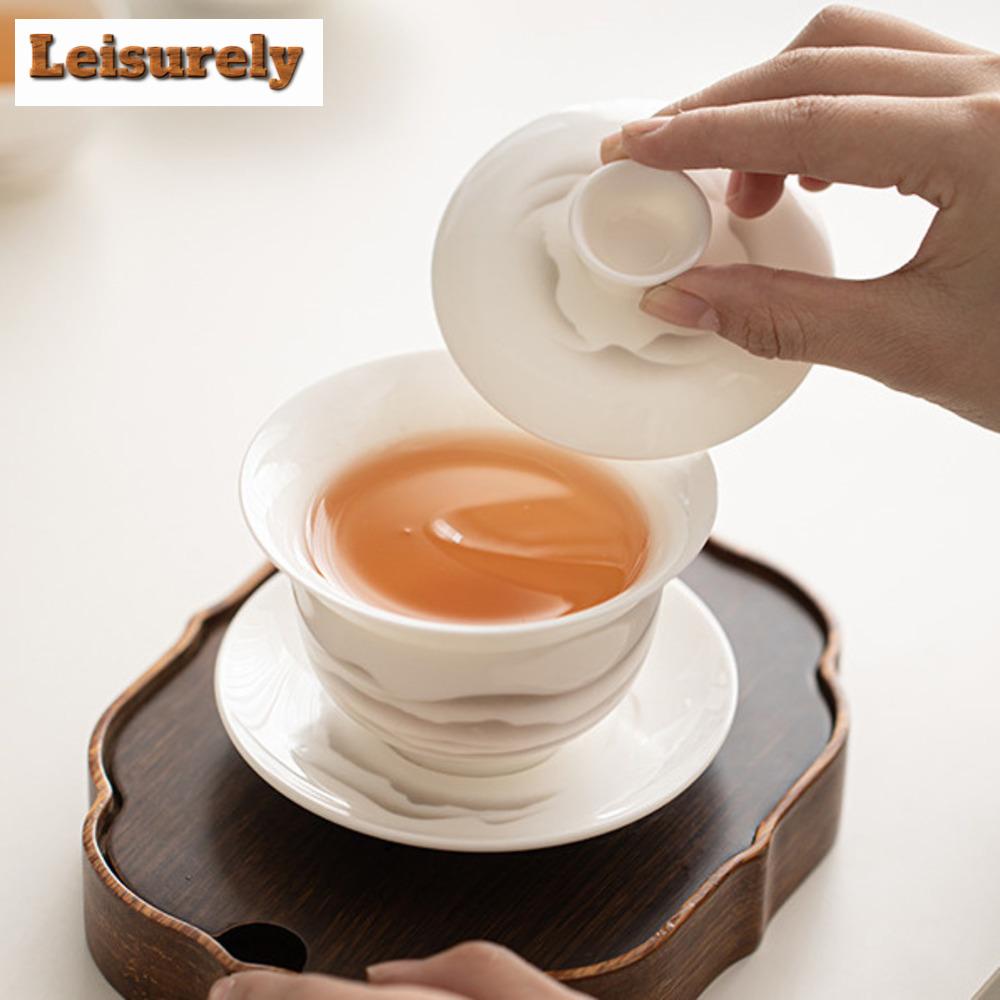 Boutique Sheep Fat Jade Porcelain Gaiwan Aesthetic Ink Mountains Tea Brewing Cup Tea Tureen Tea Maker Cover Bowl Tea Items Craft