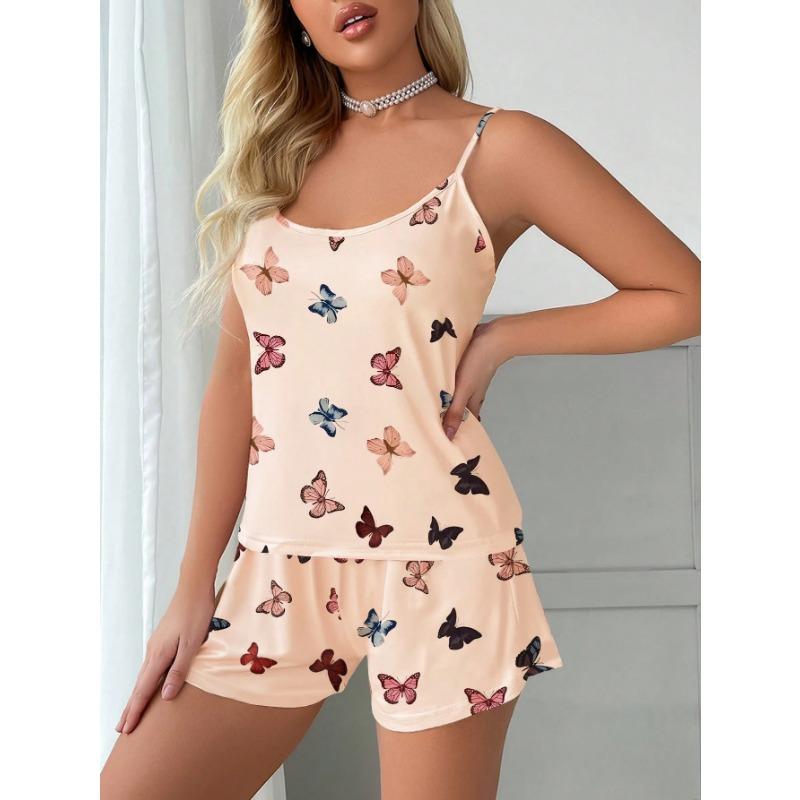 3 Sets Women's Pajama Set Butterfly Pattern Halter Top Shorts Six-piece Casual Home Wear