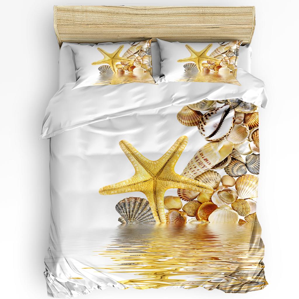 Beach Sea Starfish Shells Green 3pcs Bedding Set For Bedroom Double Bed Home Textile Duvet Cover Quilt Cover Pillowcase