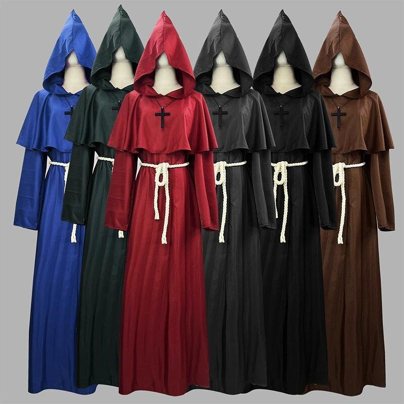 New Halloween Wizard Costume Cosplay Medieval Hooded Robe Costume Monk Friar Robes Priest Costume Ancient Clothing Festival Suit