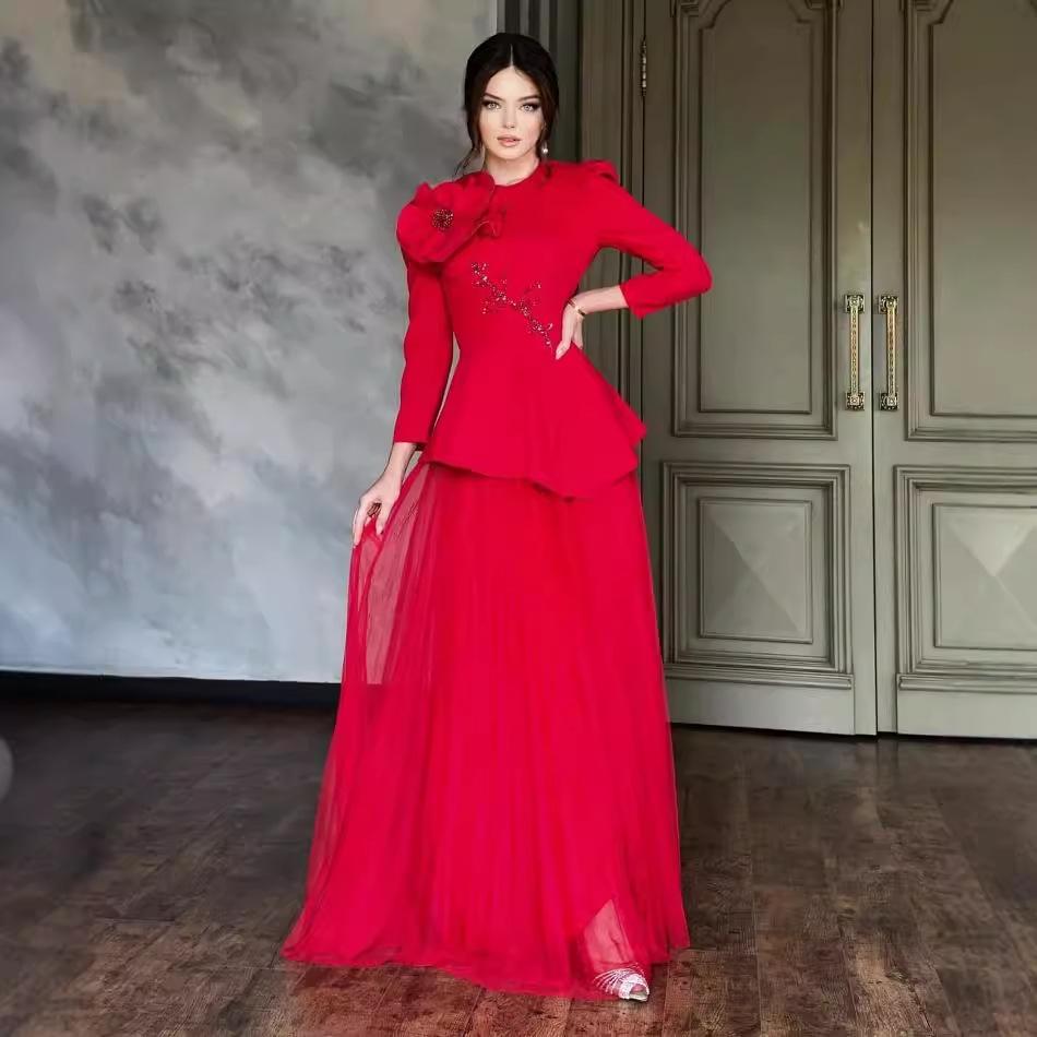 

2024 Осень Женское Элегантное Длинное Платье в Французском Ретро Дворцовом Стиле Комплект из Двух Предметов XXXL красный