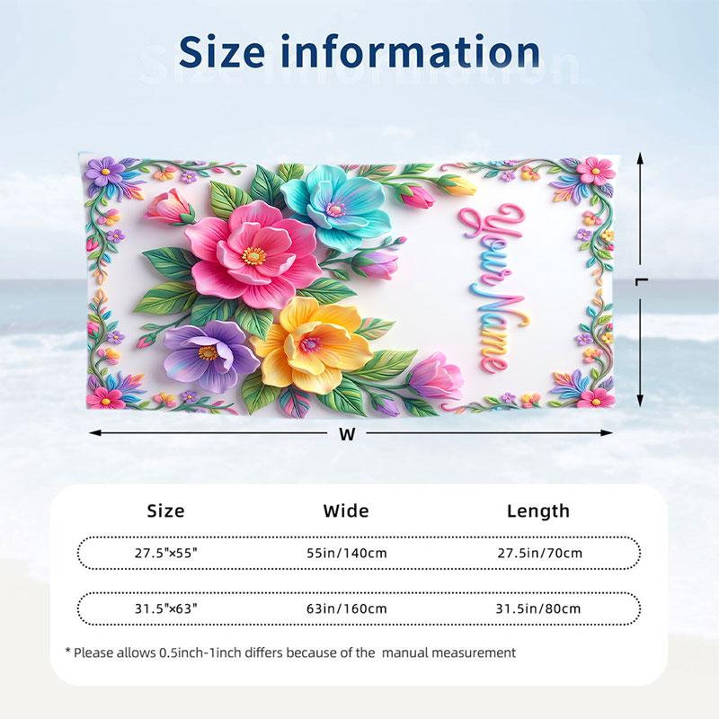 Floral Garden Theme Beach Towel Personalized Custom Name & Text Soft Quick Dry Beach Towel for Swimming Travel