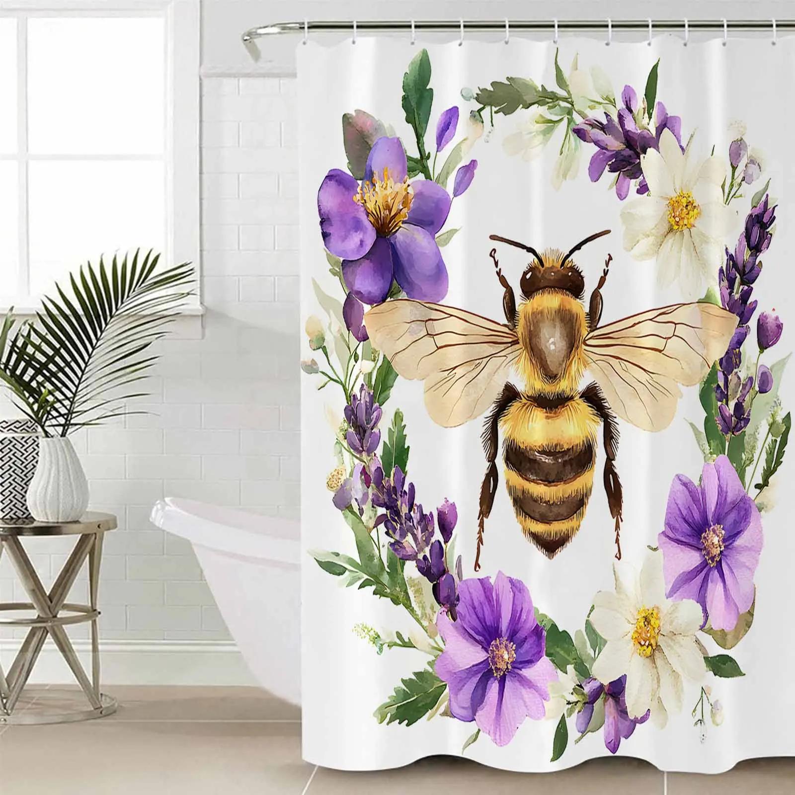 

Retro Wreath Flower Bee Shower Curtains Waterproof Bath Curtains Home Decor Modern Luxury Bathroom Curtain W90xH180cm