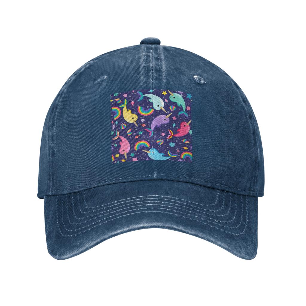 Rainbow Narwhals Under the Sea Blue Washed Denim Cap Casual Baseball Caps Adjustable Hat Summer Unisex Baseball Hats