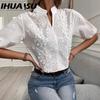 IHUASU Women's Fashion Casual Solid Color Print Short Sleeve V Neck Blouses & Shirts