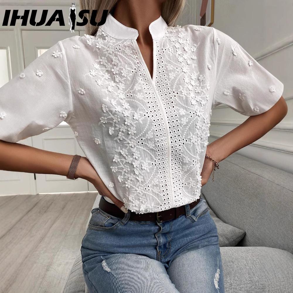 IHUASU Women's Fashion Casual Solid Color Print Short Sleeve V Neck Blouses & Shirts