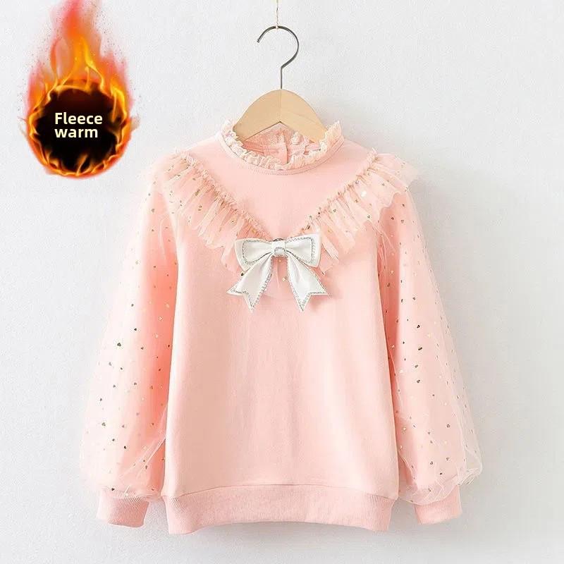 

Плюс бархатный теплый сетчатый свитер принцессы с бантом для девочек-подростков 140 cm розовый