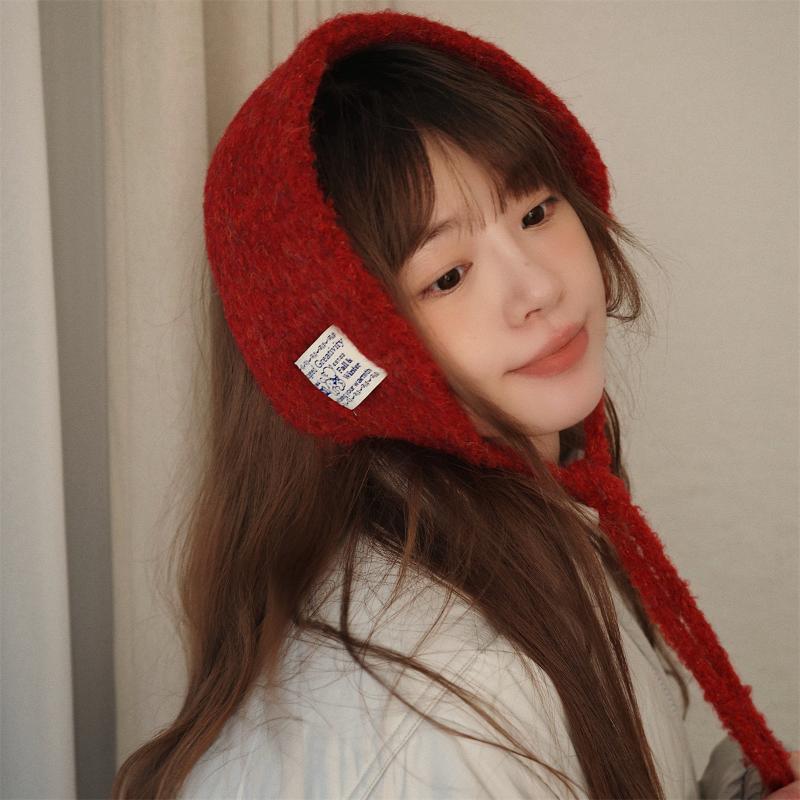 Womens Cute Polka Dot Fuzzy Knit Ear Flap Hat Soft Warm Fabric Adjustable Tie Strings For Winter Daily Wear Outdoor Activities