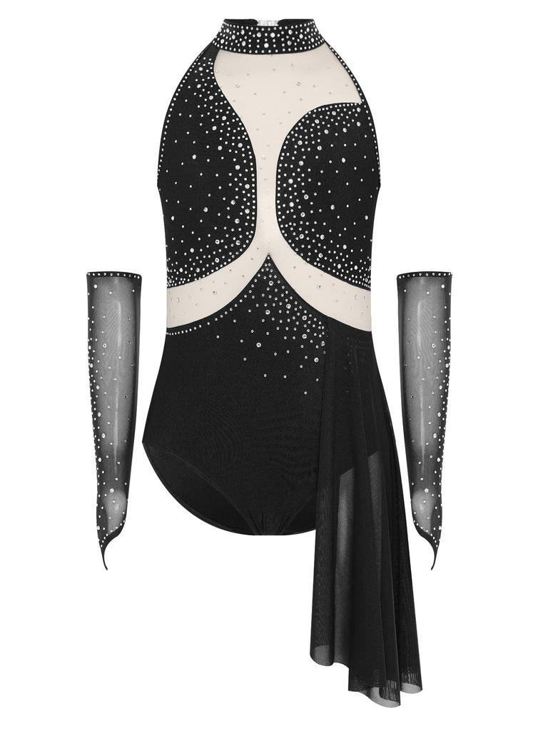 Costum Patinaj Artistic Fete Design Spate Decupat Strassuri Sclipitoare Plasă Transparentă Fustă Asimetrică