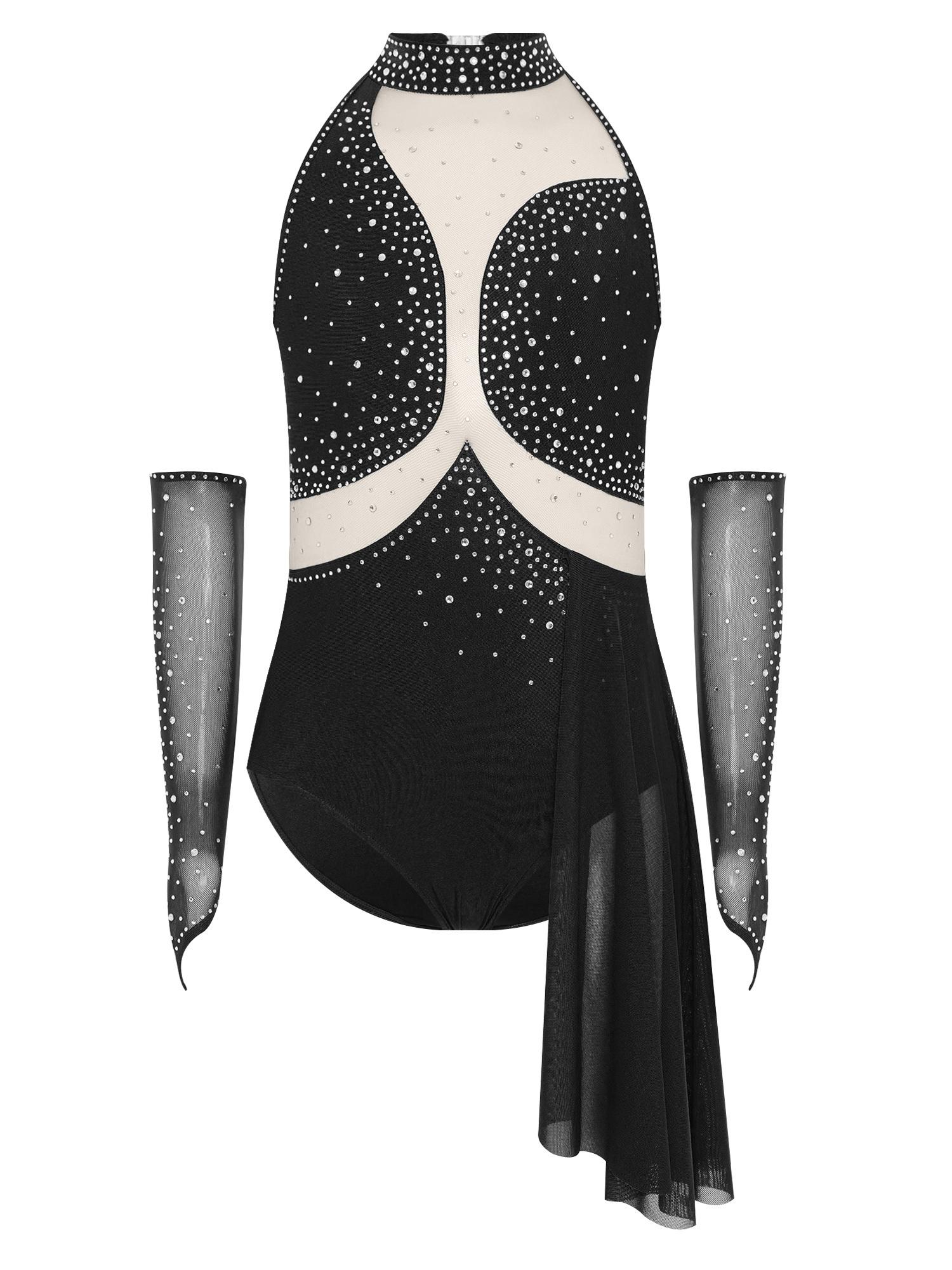 

Сукня для фігурного катання для дівчаток, леотард зі стразами, прозора сітка, виріз на спині, асиметрична спідниця, костюм для ліричного танцю, для виступу, включає рукавички 11-12 Years чорний