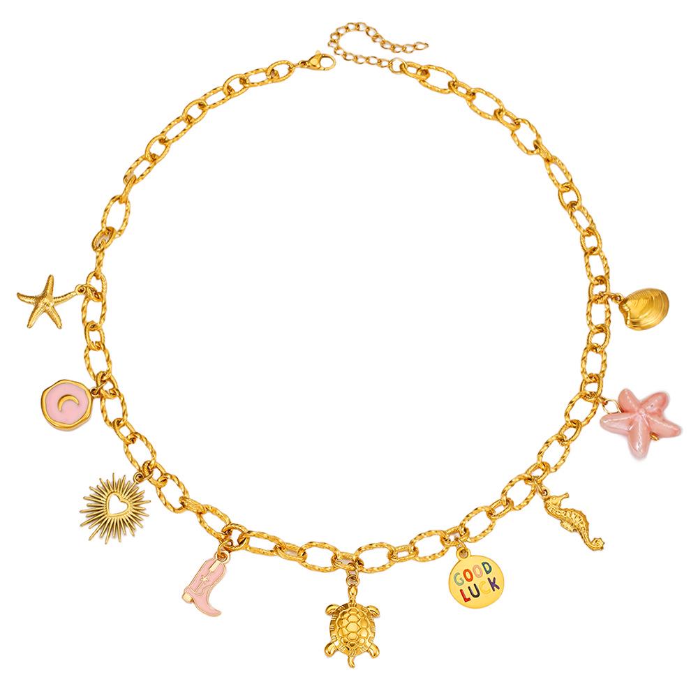 Summer Starfish & Pearl Heart Sea Turtle Pendant Necklace - Dopamine Stainless Steel Clavicle Chain