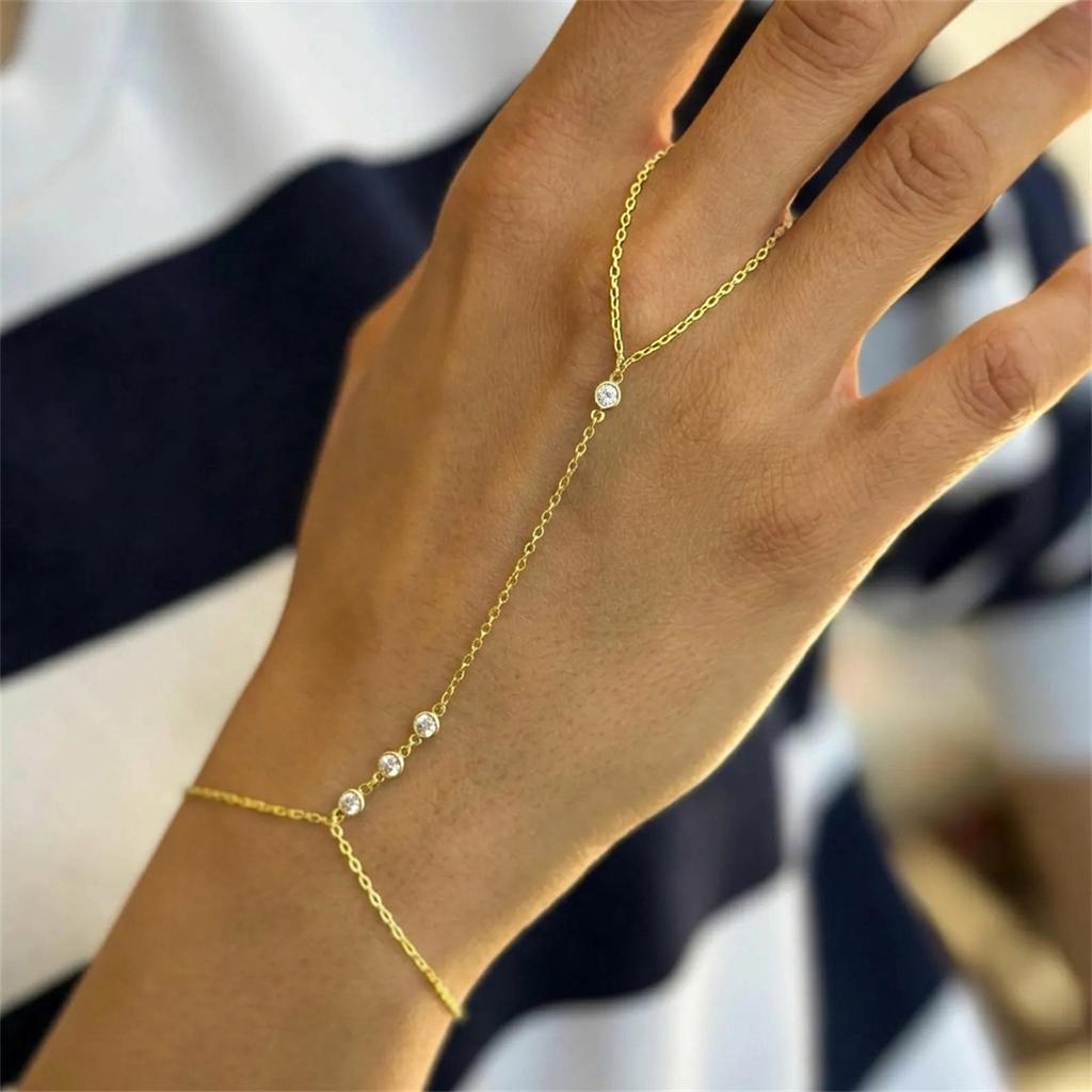 Fashion Shiny Zircon Teardrop Connected Finger Ring Bracelets for Women Crystal Tassel Link Chain Bracelet Party Jewelry