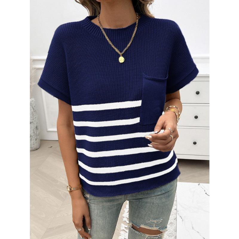 Tops Women's Elegant Round Neck Striped Contrast Short-sleeved Sweater