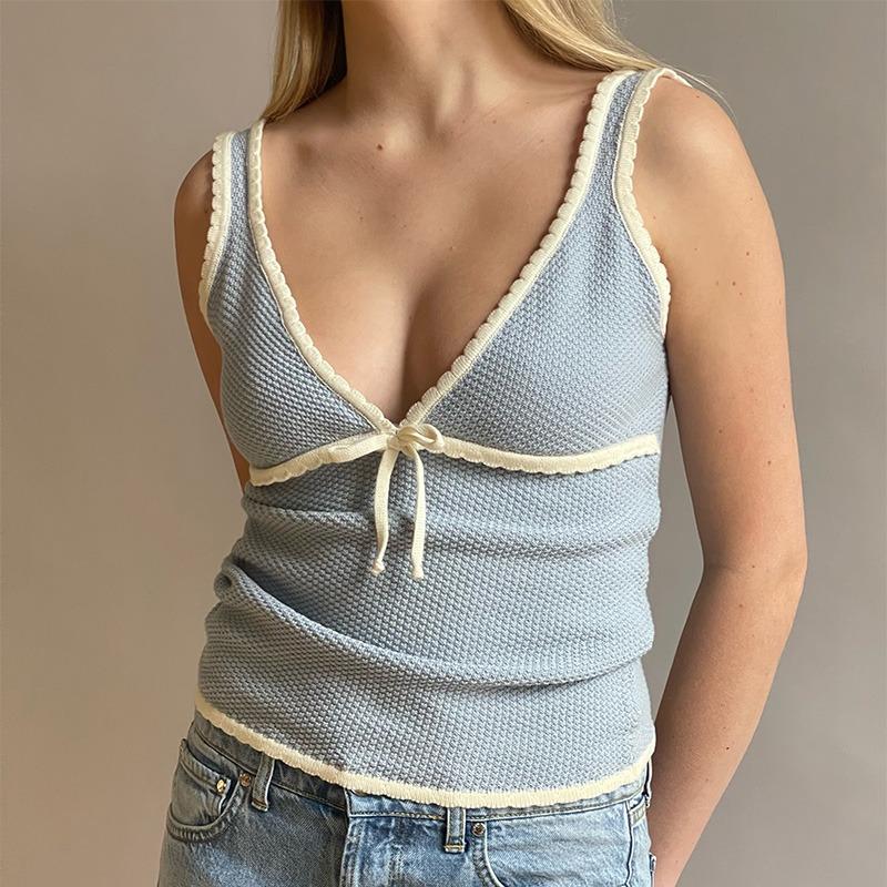 Summer Sleeveless Knit Crop Top Women Deep V Neck Sexy Backless Bow Vest Ladies Street Casual Tops Vacation Knitwear Tank Top 2024 New Fashion