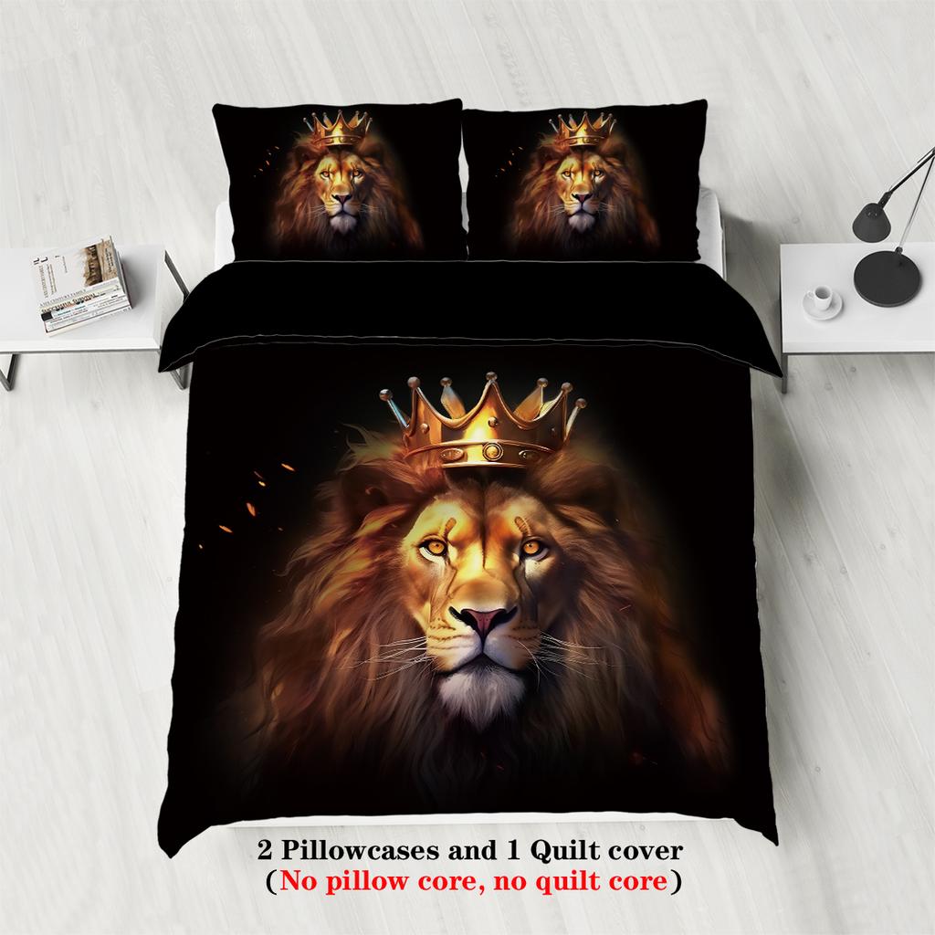 3-piece Set, Lion Pattern Printed Bedding Set, Queen, King, Double Bed, Adults Bedroom, Guestroom, Hotel, Soft and Comfortable