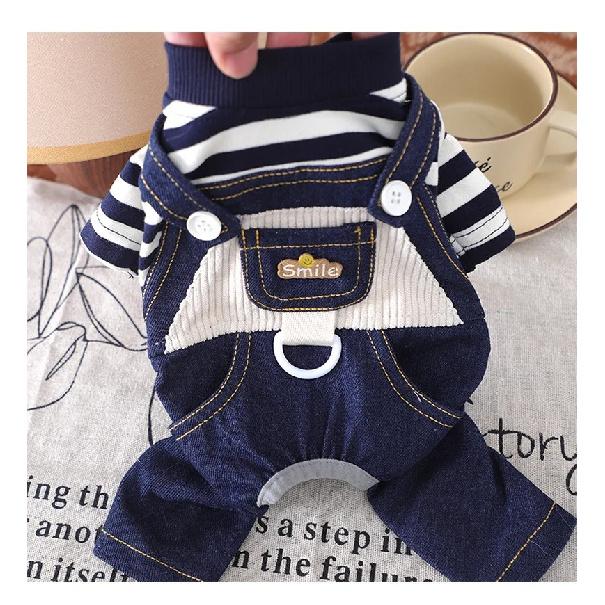 Pet clothes can lead dogs Classic striped denim overalls Autumn and winter models dog costume