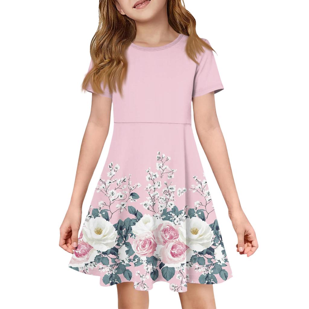 Girl Summer Dress Color & Print Short Sleeve Dress With Pocket Casual Dress Shorts Sleeve Party Dress Easter Day