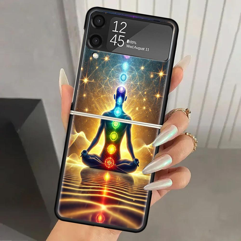 Yoga Chakra Spiritual Energy Universe Hard PC Phone Case For Samsung Galaxy Z Flip 7 6 5 4 3 Black ZFlip7 ZFlip6 Flip5 Flip4 Fli
