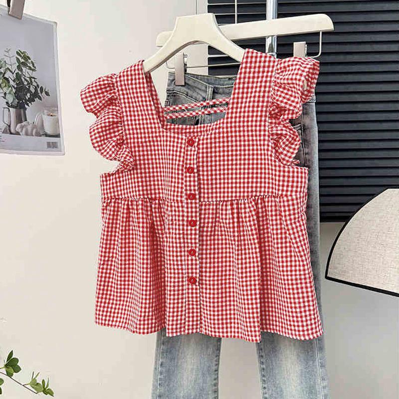 

ZANZEA Женская летняя повседневная блузка без рукавов в клетку с квадратным вырезом 4XL красный