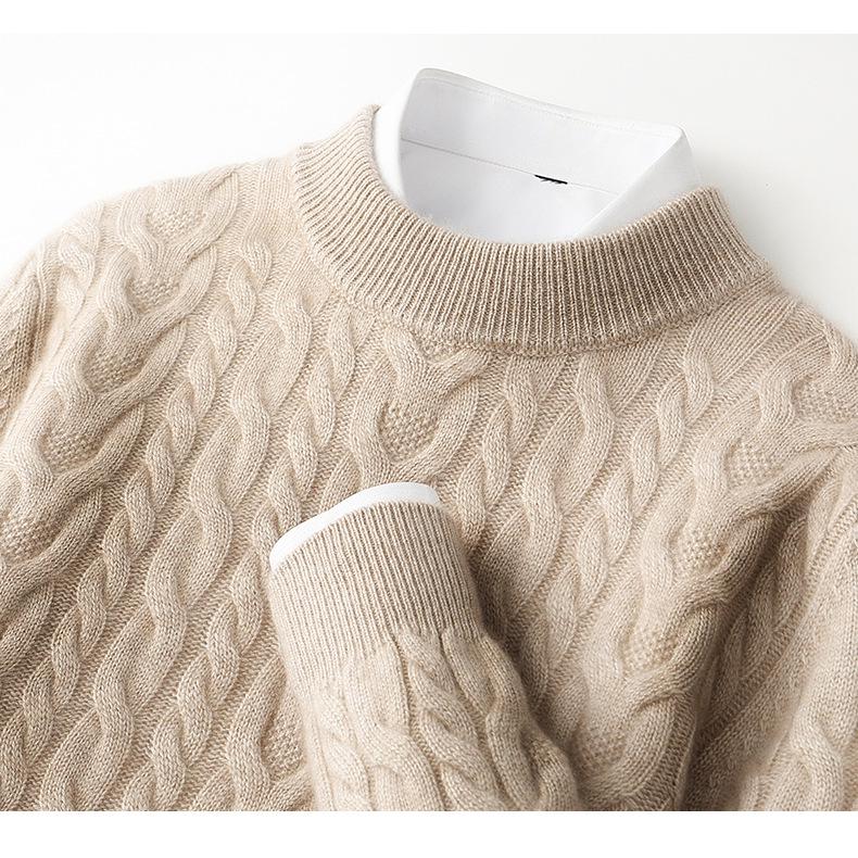 Men's Thickened Pure Wool Half-High Collar Cable Knit Sweater - Autumn Winter Loose Business Casual Base Layer
