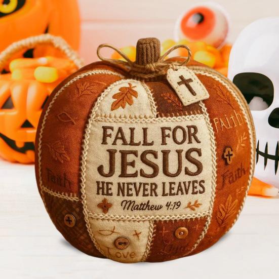 Fall for Jesus Patchwork Pumpkin Hand Stitched Fabric Pumpkin Christ Faith Gift Religious Autumn Home Accent for Farmhouse Dining Desk Entryway Decor