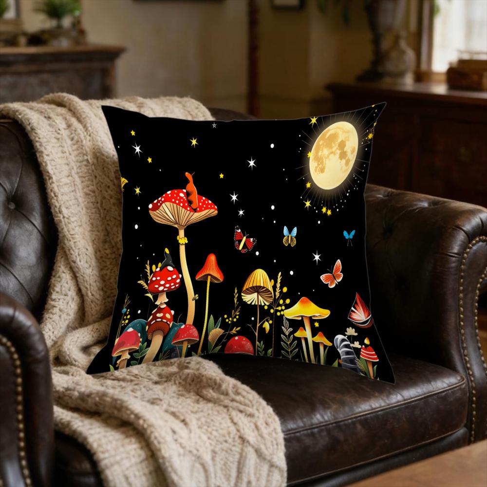 1Pc Fantasy Mushroom Moon Star Cushion Cover Black Printed Pillowcase For Sofa Bed Decorative Home Living Room Soft Breathable