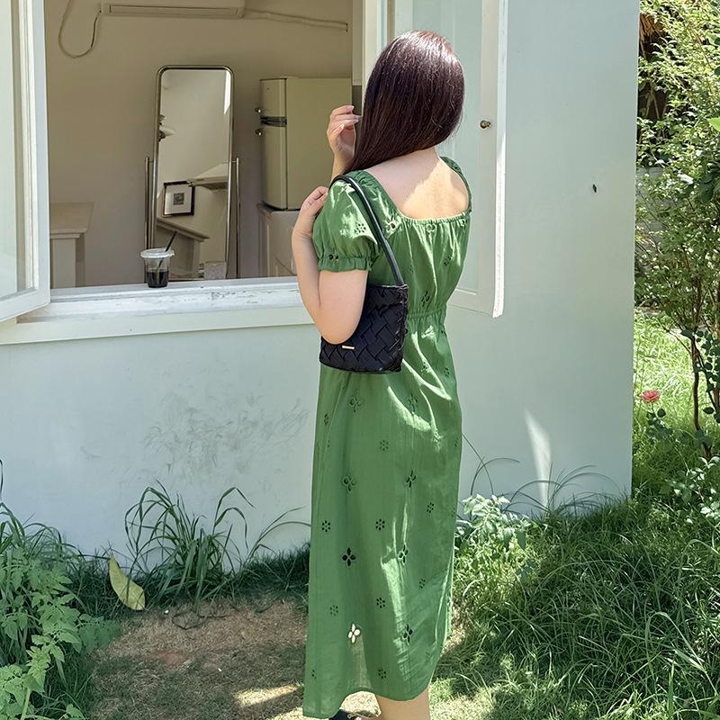 French Square Collar/one-word Shoulder Hollow Dress Women's Summer New Fat Mm Waist Medium and Long Dress 232263