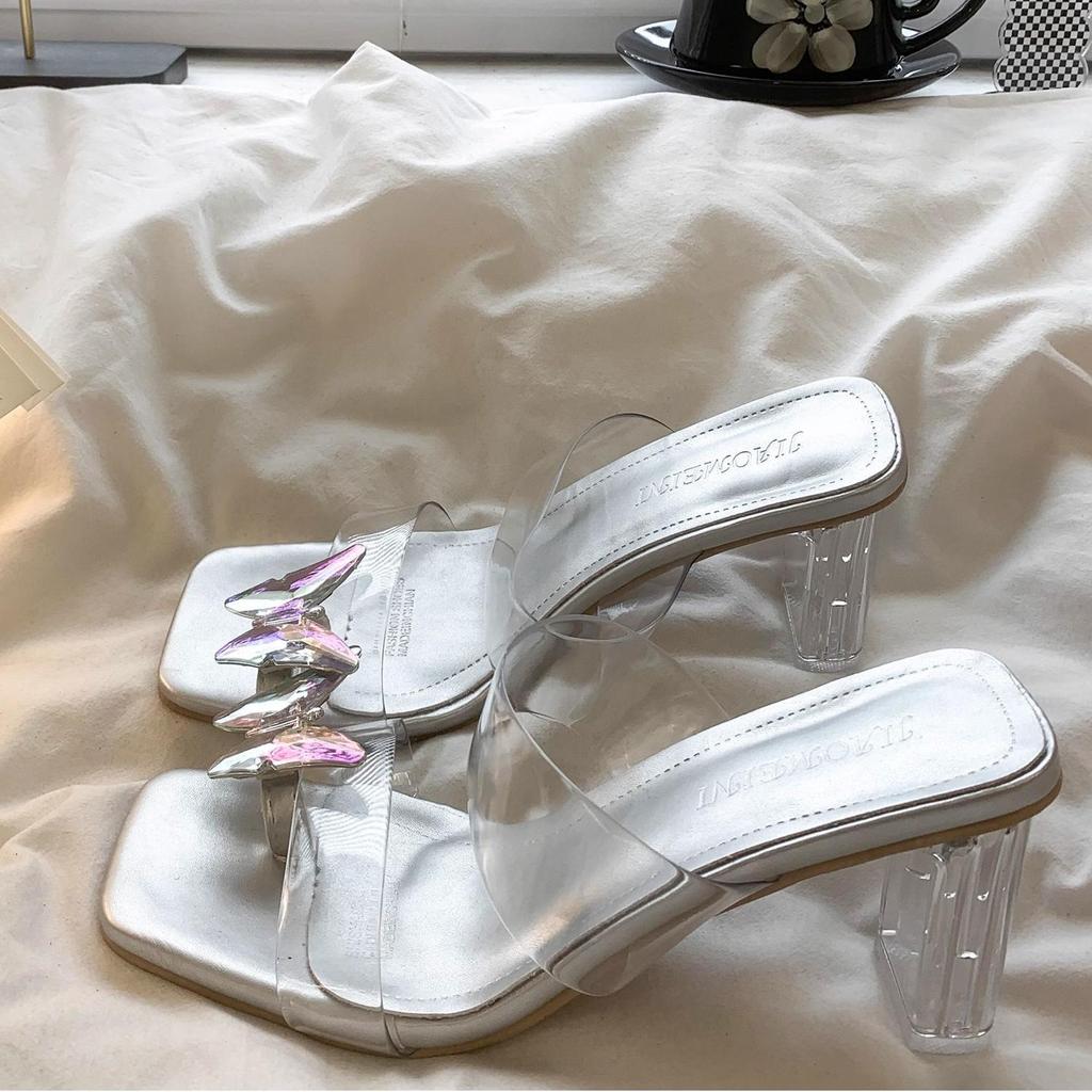 French fairy style thick heel slippers female 2025 new transparent crystal butterfly cover toe high heel cool slippers summer wear