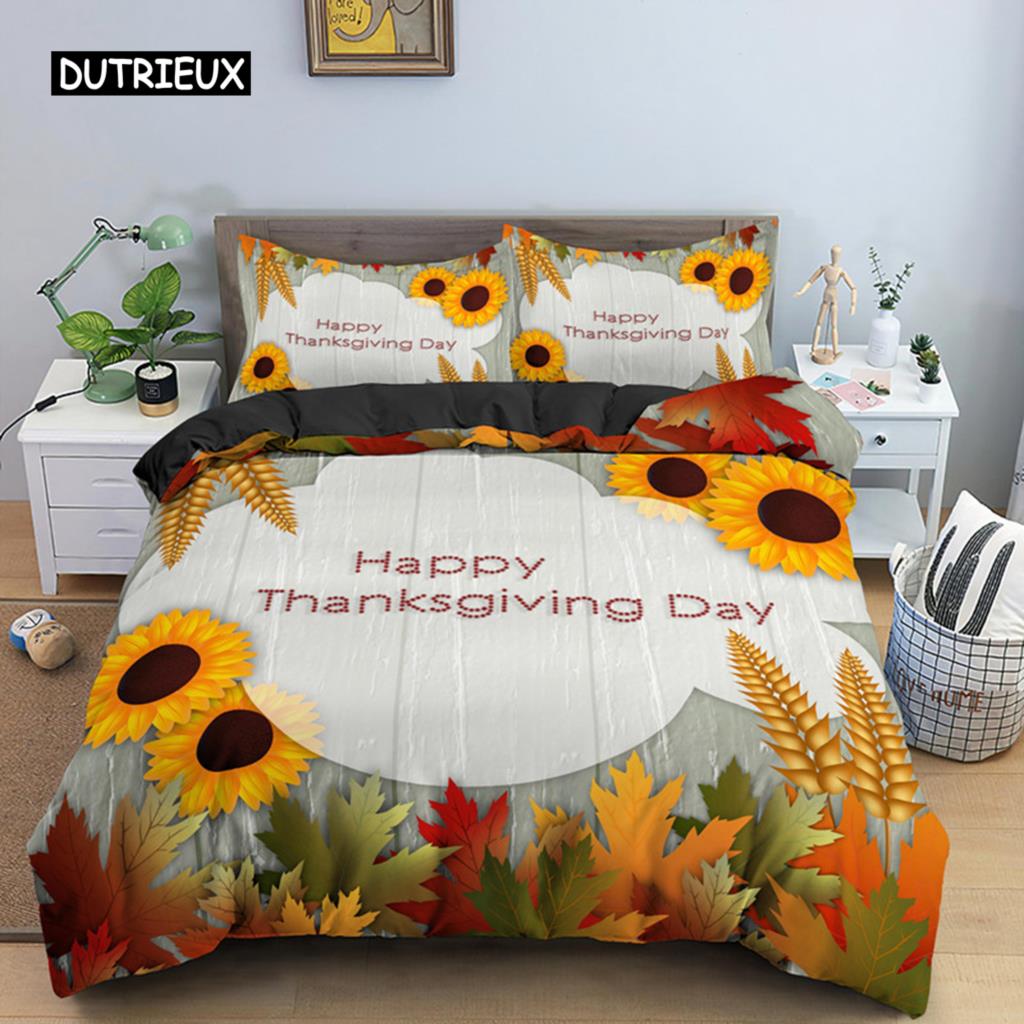 Autumn Thanksgiving Day Duvet Cover King Queen Cartoon Orange Pumpkin Turkey Bedding Set Maple Leaves Soft Polyester Quilt Cover