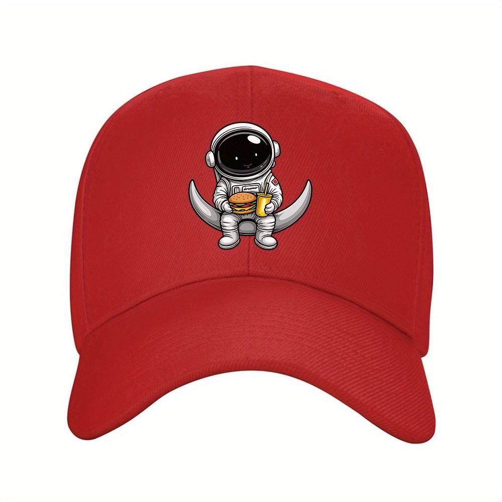 Astronaut Eating Burger Moon Relaxing Baseball Cap Unisex Polyester Casual Outdoor Adjustable Cap One Size