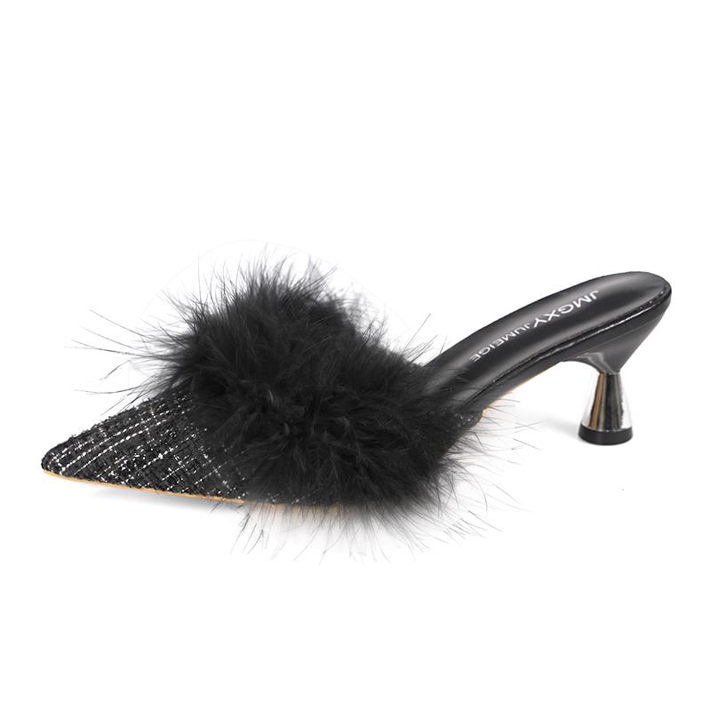 Fashion Women's Baotou Slippers Winter New Pointed Cloth Plus Plush Anti-slip Wear-resistant Slip-on High Heels