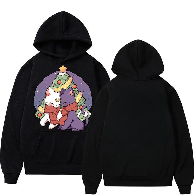 Sailor Moon Luna Artemis Themed Couple Hoodies, Autumn Winter Kawaii Cartoon Cat Print Sweatshirts Hooded Coats