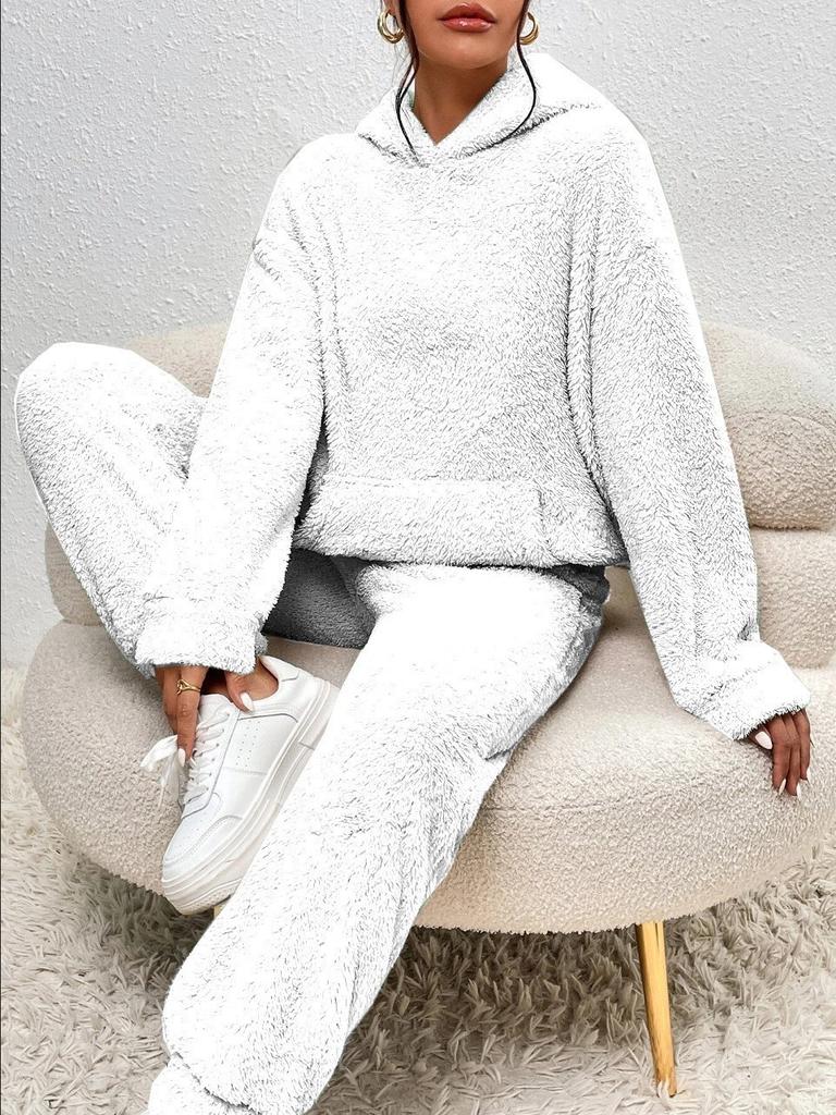 Women's White Faux Fur Hooded Hoodie and Wide-Leg Pants Set