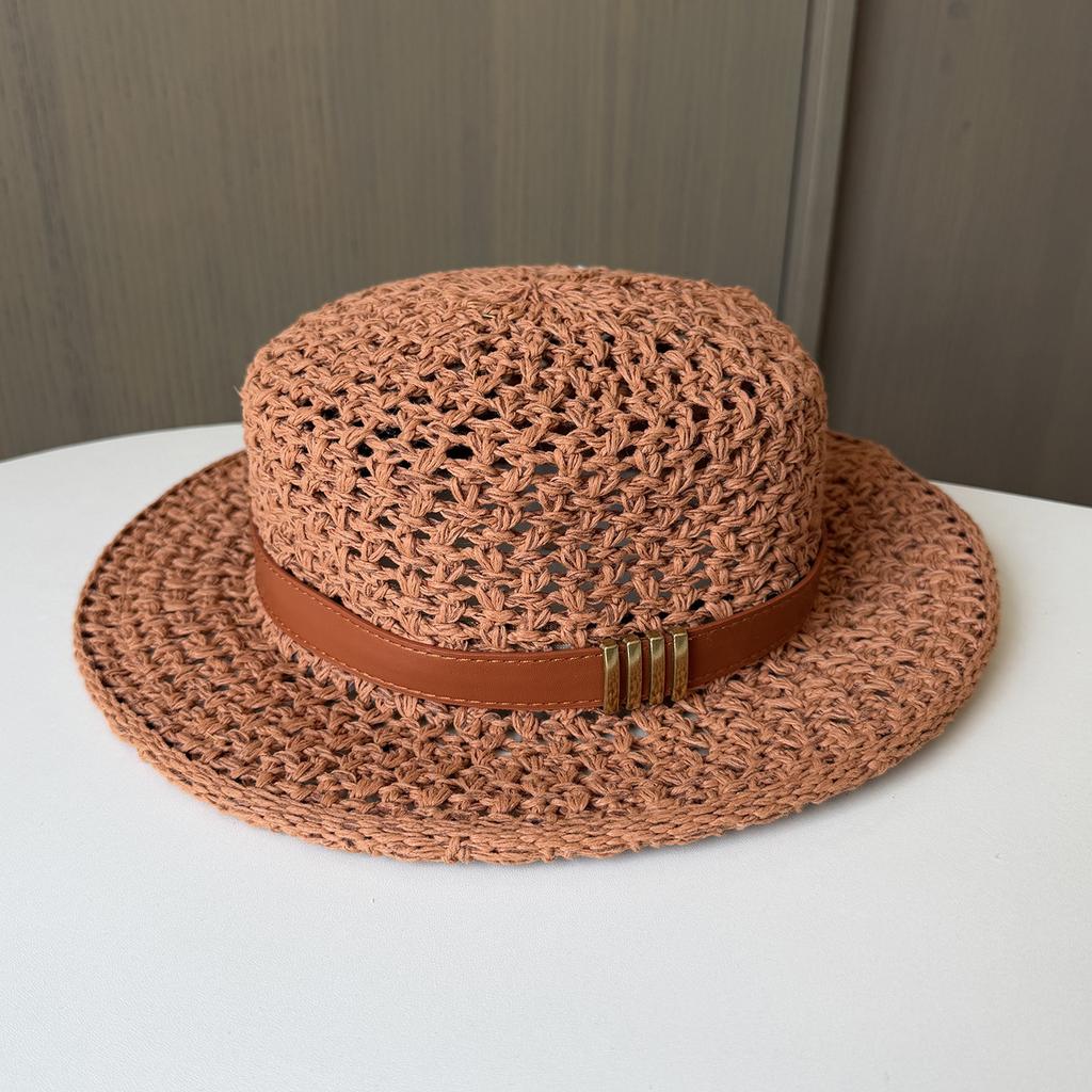 New Flat Top Jazz Top Hat Retro Old Money Wind Belt Buckle Straw Hat Women's Summer Seaside Vacation Sun Hat