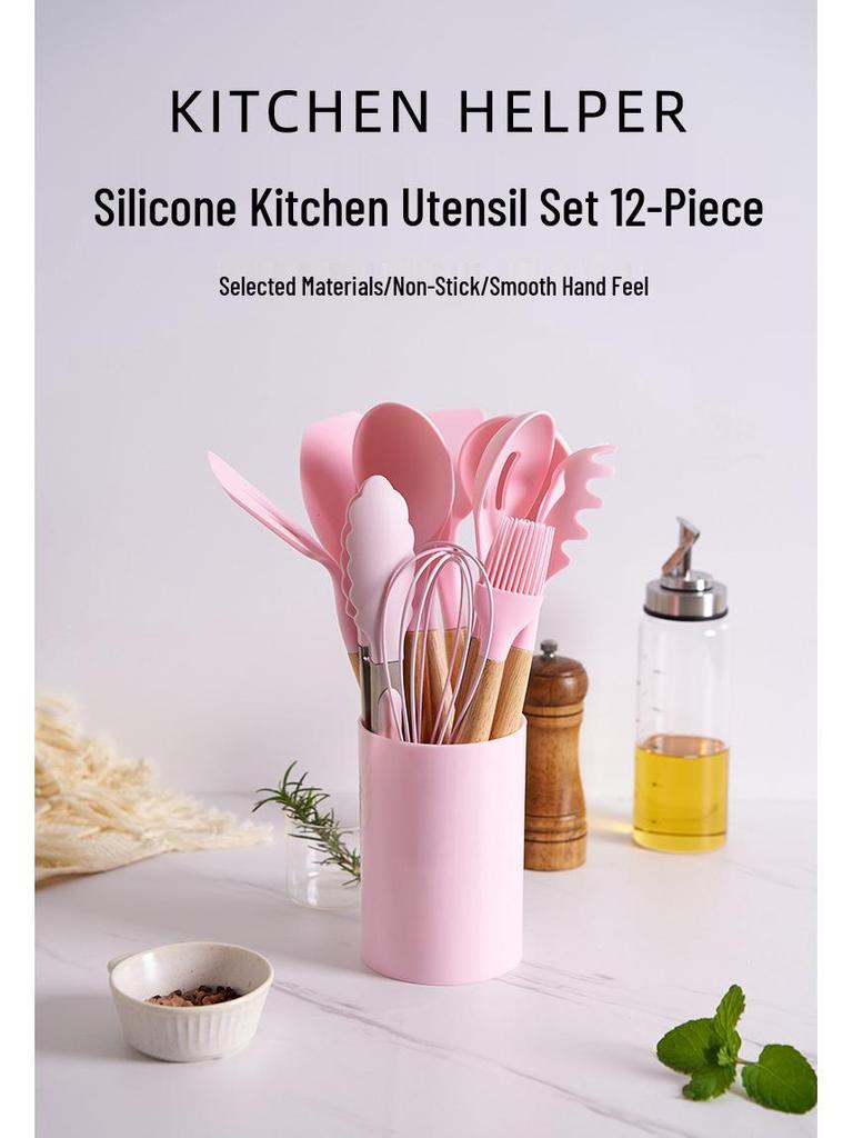 12-Piece Non-Stick Silicone Kitchen Utensil Set with Wooden Handles - High-Temperature Resistant Spoons and Spatulas
