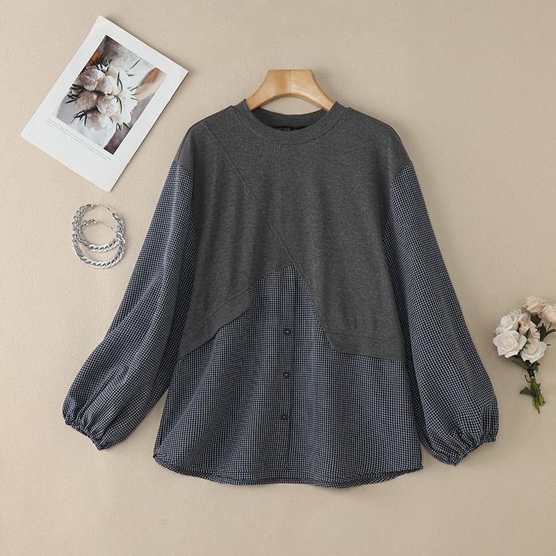 ZANZEA Women Casual Round Neck Long Sleeve Loose Patchwork Blouse