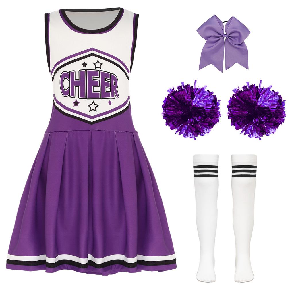 Vestito Completo Cheerleader per Ragazze Senza Maniche Gonna Pieghettata Stampa Lettere Fiori Pompom Accessori per Capelli Calzini a Tubo a Righe Costume Completo