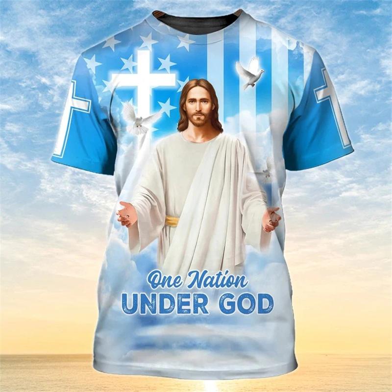 Men Tee Shirt Fashion T-shirt Summer Clothing Jesus Pattern USA Eagle Flag 3d Print Tops Casual Sportswear Oversized Tees Homme