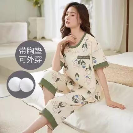 

Women s summer pajamas with chest pads, new thin short-sleeved cropped pants plus size loungewear set 4xl recommends 77.5-87.5kg