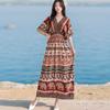 Ethnic Style V-neck Cotton and Silk Short-sleeved French Thai Style Dress for Women's Summer Printing Pastoral Style Skirt for Vacation Wear