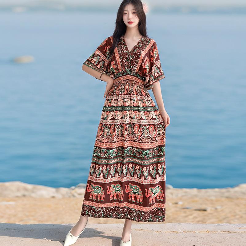 Ethnic Style V-neck Cotton and Silk Short-sleeved French Thai Style Dress for Women's Summer Printing Pastoral Style Skirt for Vacation Wear