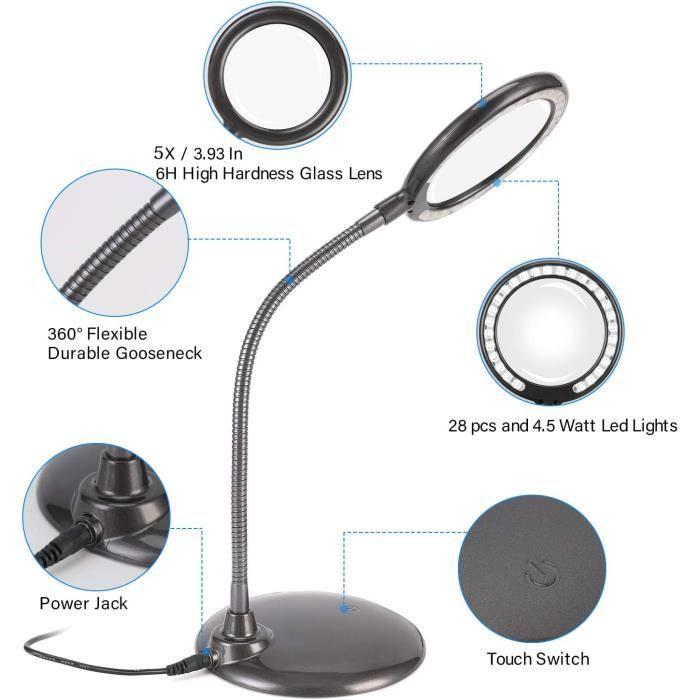 Magnifying Lamp - Raweao - 5X - Rechargeable - Black - 2000 mAh