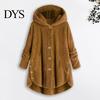 Solid Color Women Jacket Plush Coat Hooded Long Sleeve Side Buttons Hem Single Breasted Mid-length Casual with Pockets Loose Fit Velvet Winter
